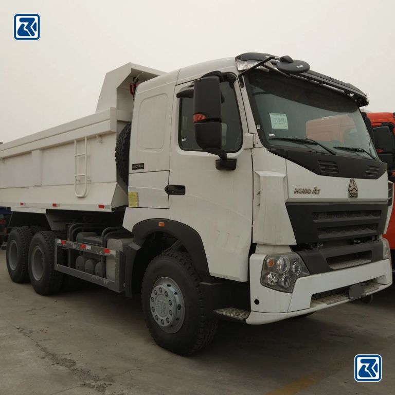 HOWO dump truck parked in lot, front and side view