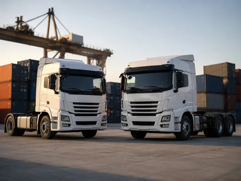 Camion tracteur Shacman avec essieux motrices arrière tandem sur un quai de chargement dans la cour logistique