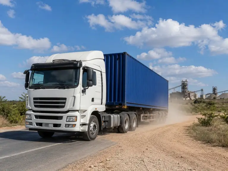 Camion tracteur Shacman 6x4 tirant une remorque à conteneurs chargée sur une route d’accès en gravier avec une autoroute goudronnée visible en arrière-plan