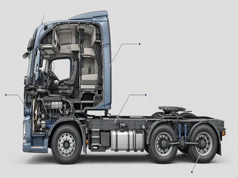 Schéma en coupe d’une cabine, châssis et essieu de camion SITRAK montrant la disposition de la transmission sous licence MAN