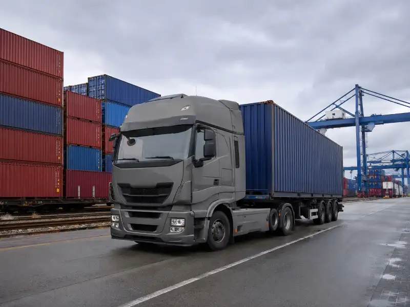 Unité tractrice de camions SITRAK tractant une remorque à conteneurs dans une cour logistique de fret
