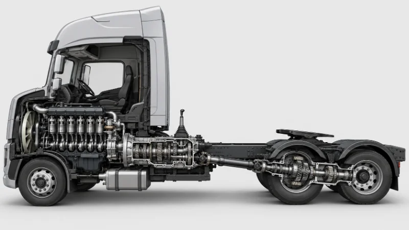Coupe d’une chaîne motopropulsrice Shacman X3000 montrant le moteur, la transmission FAST et la configuration de l’essieu moteur arrière